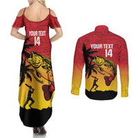 Custom Papua New Guinea Cricket Couples Matching Summer Maxi Dress and Long Sleeve Button Shirt PNG Barramundis - Polynesian Pride