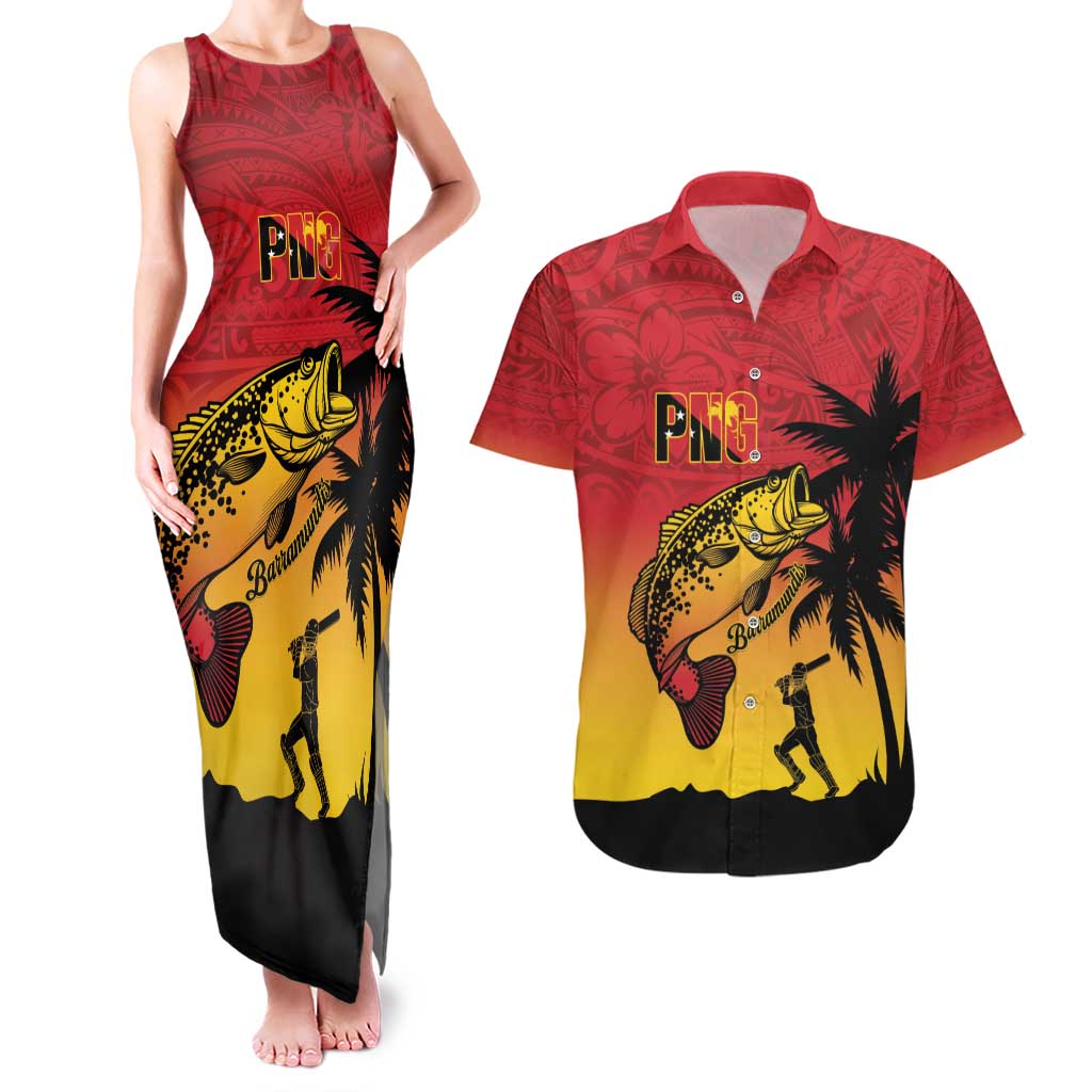 Custom Papua New Guinea Cricket Couples Matching Tank Maxi Dress and Hawaiian Shirt PNG Barramundis - Polynesian Pride