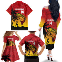 Custom Papua New Guinea Cricket Family Matching Off The Shoulder Long Sleeve Dress and Hawaiian Shirt PNG Barramundis LT14 - Polynesian Pride