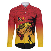 Custom Papua New Guinea Cricket Family Matching Off The Shoulder Long Sleeve Dress and Hawaiian Shirt PNG Barramundis LT14 Dad's Shirt - Long Sleeve Red - Polynesian Pride