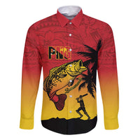 Custom Papua New Guinea Cricket Family Matching Off Shoulder Maxi Dress and Hawaiian Shirt PNG Barramundis LT14 Dad's Shirt - Long Sleeve Red - Polynesian Pride