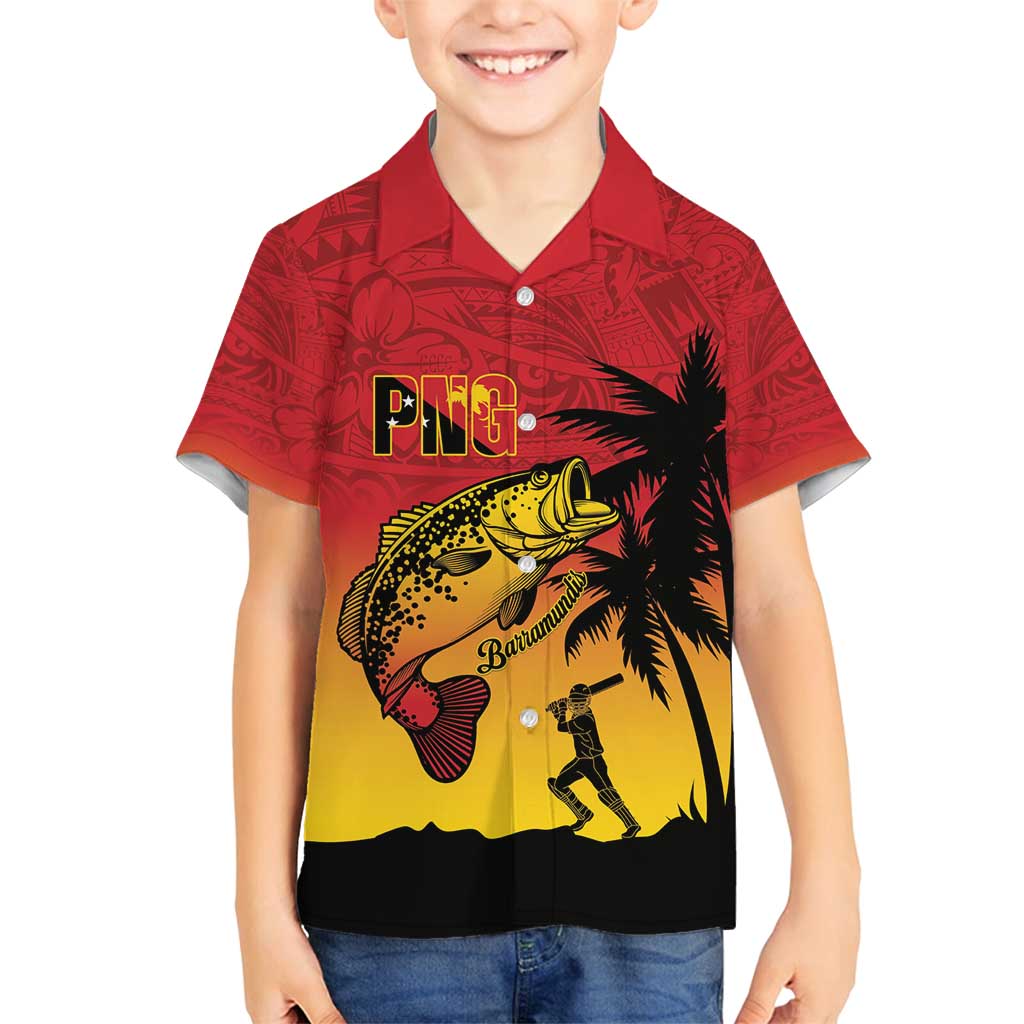 Custom Papua New Guinea Cricket Family Matching Off Shoulder Maxi Dress and Hawaiian Shirt PNG Barramundis LT14 Son's Shirt Red - Polynesian Pride