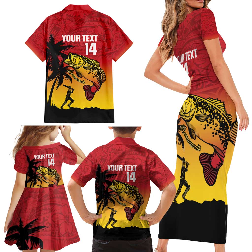 Custom Papua New Guinea Cricket Family Matching Short Sleeve Bodycon Dress and Hawaiian Shirt PNG Barramundis LT14 - Polynesian Pride