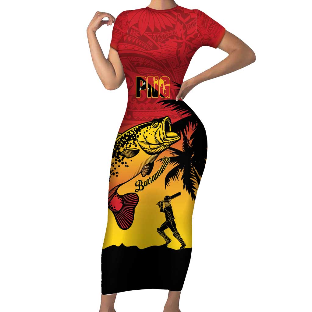 Custom Papua New Guinea Cricket Short Sleeve Bodycon Dress PNG Barramundis LT14 Long Dress Red - Polynesian Pride