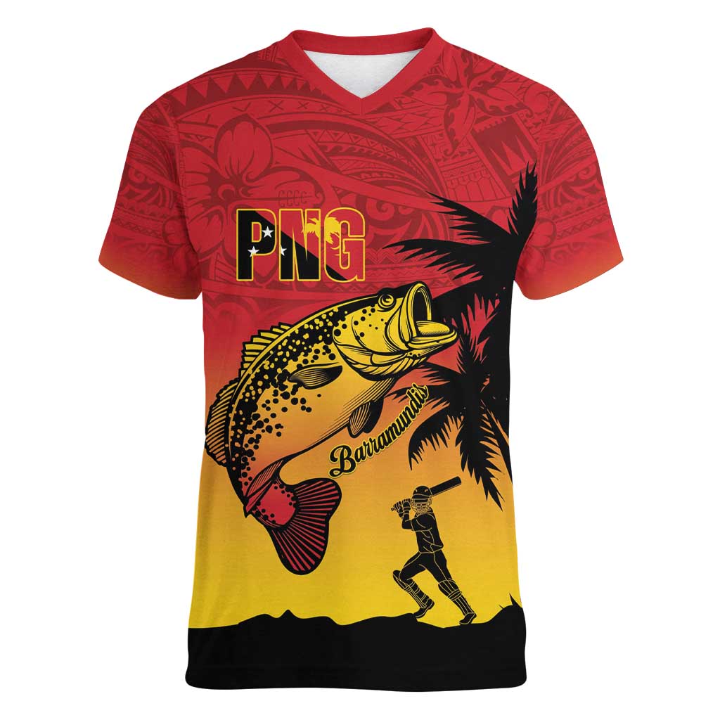 Custom Papua New Guinea Cricket Women V-Neck T-Shirt PNG Barramundis - Polynesian Pride