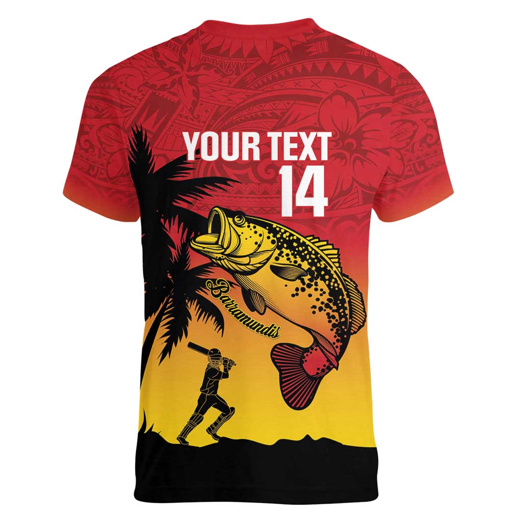 Custom Papua New Guinea Cricket Women V-Neck T-Shirt PNG Barramundis LT14 - Polynesian Pride