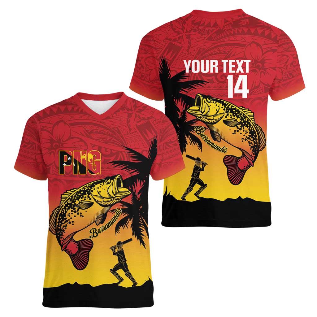 Custom Papua New Guinea Cricket Women V-Neck T-Shirt PNG Barramundis LT14 - Polynesian Pride