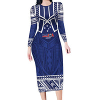 Custom Samoa Cricket Family Matching Long Sleeve Bodycon Dress and Hawaiian Shirt Go Champions Samoan LT14 Mom's Dress Blue - Polynesian Pride