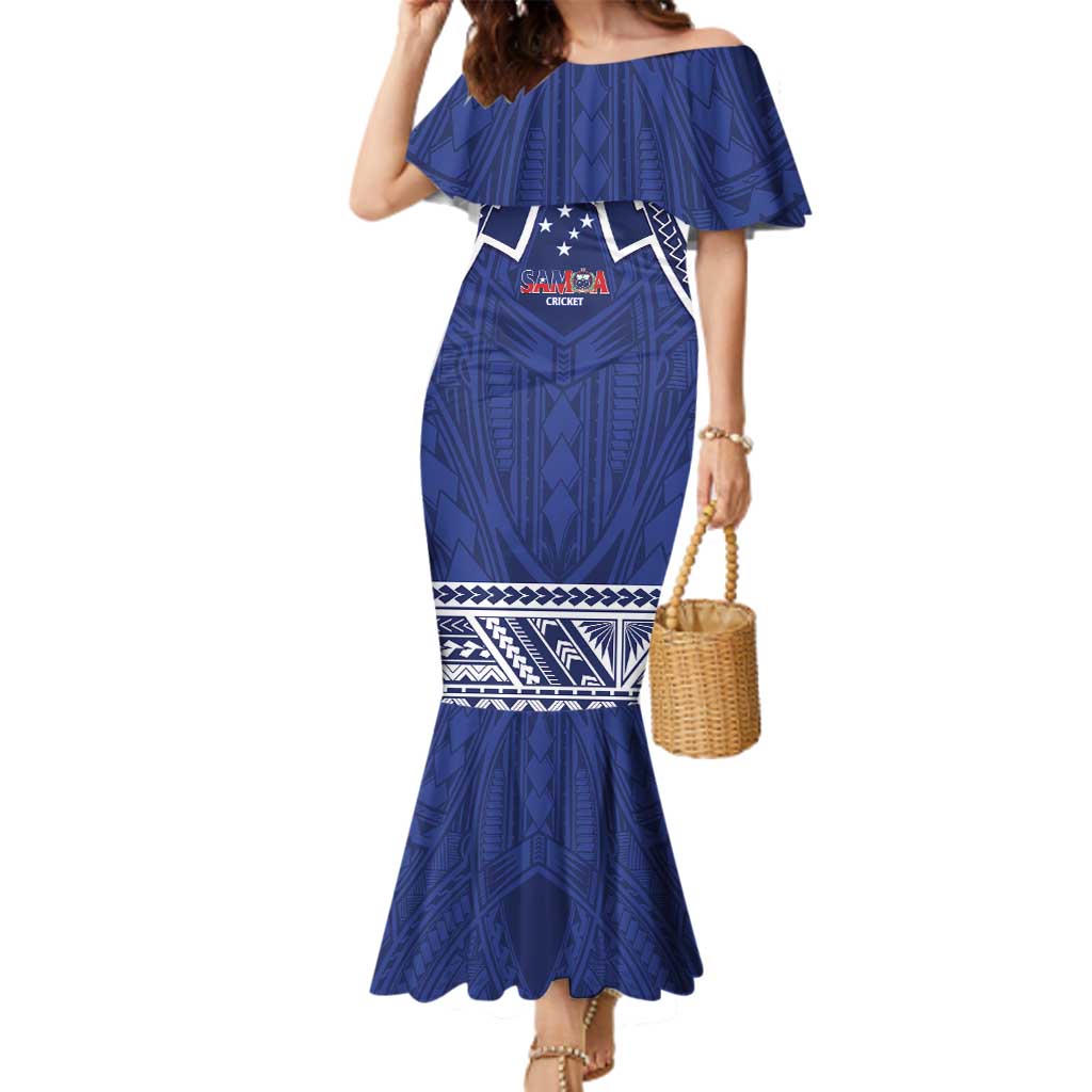 Custom Samoa Cricket Family Matching Mermaid Dress and Hawaiian Shirt Go Champions Samoan LT14 Mom's Dress Blue - Polynesian Pride
