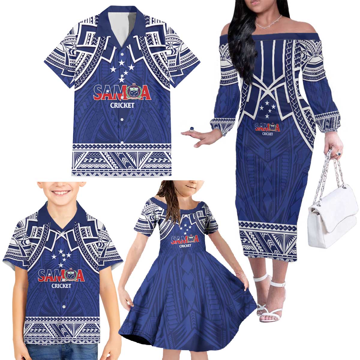 Custom Samoa Cricket Family Matching Off The Shoulder Long Sleeve Dress and Hawaiian Shirt Go Champions Samoan LT14 - Polynesian Pride