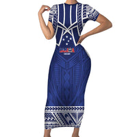Custom Samoa Cricket Family Matching Short Sleeve Bodycon Dress and Hawaiian Shirt Go Champions Samoan LT14 Mom's Dress Blue - Polynesian Pride