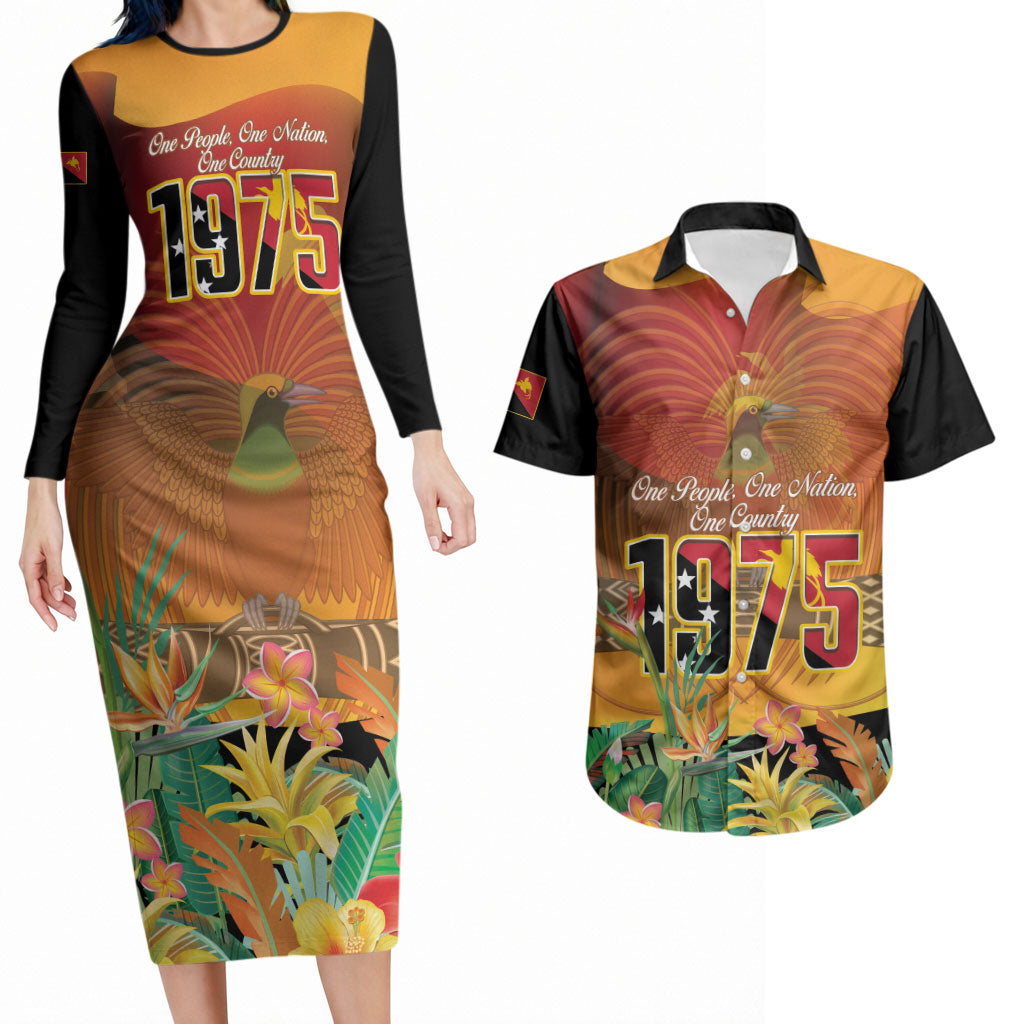 Personalised Papua New Guinea Independence Day Couples Matching Long Sleeve Bodycon Dress and Hawaiian Shirt One People One Nation One Country LT14 Multicolor - Polynesian Pride