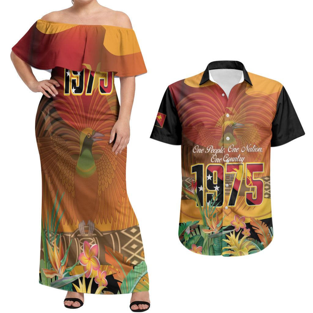 Personalised Papua New Guinea Independence Day Couples Matching Off Shoulder Maxi Dress and Hawaiian Shirt One People One Nation One Country LT14 Multicolor - Polynesian Pride