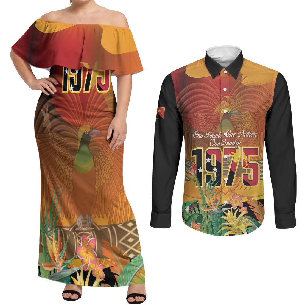 Personalised Papua New Guinea Independence Day Couples Matching Off Shoulder Maxi Dress and Long Sleeve Button Shirt One People One Nation One Country LT14 Multicolor - Polynesian Pride