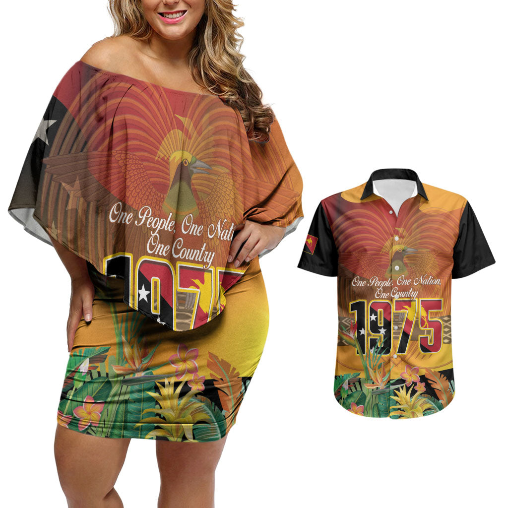 Personalised Papua New Guinea Independence Day Couples Matching Off Shoulder Short Dress and Hawaiian Shirt One People One Nation One Country LT14 Multicolor - Polynesian Pride