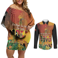 Personalised Papua New Guinea Independence Day Couples Matching Off Shoulder Short Dress and Long Sleeve Button Shirt One People One Nation One Country LT14 Multicolor - Polynesian Pride