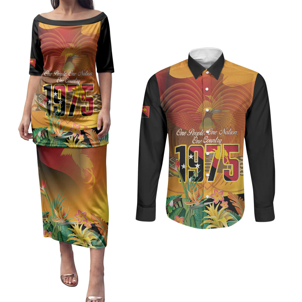 Personalised Papua New Guinea Independence Day Couples Matching Puletasi and Long Sleeve Button Shirt One People One Nation One Country LT14 Multicolor - Polynesian Pride