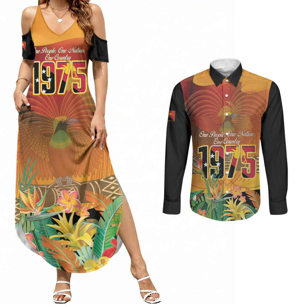 Personalised Papua New Guinea Independence Day Couples Matching Summer Maxi Dress and Long Sleeve Button Shirt One People One Nation One Country LT14 Multicolor - Polynesian Pride