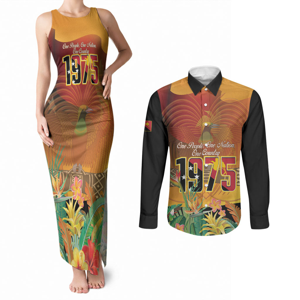 Personalised Papua New Guinea Independence Day Couples Matching Tank Maxi Dress and Long Sleeve Button Shirt One People One Nation One Country LT14 Multicolor - Polynesian Pride