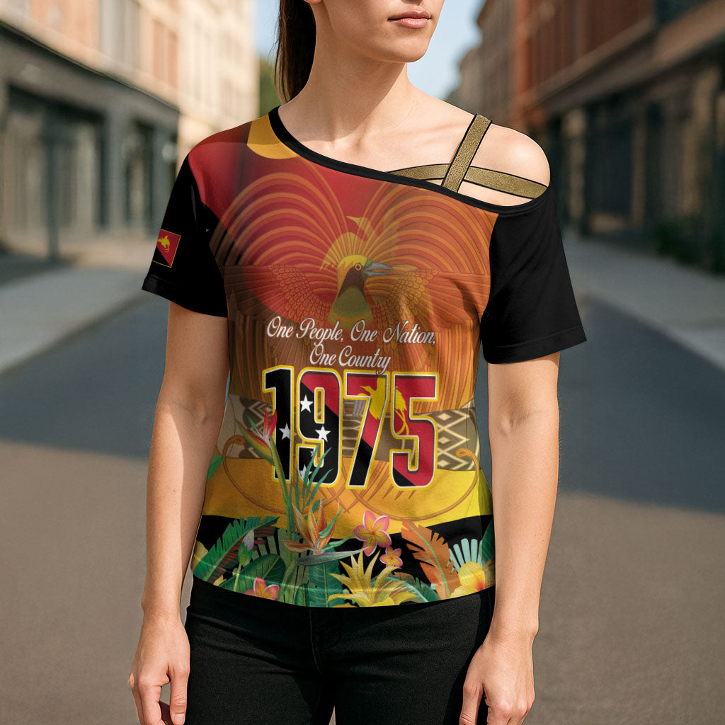 Personalised Papua New Guinea Independence Day Cross Shoulder Shirt One People One Nation One Country LT14 - Polynesian Pride