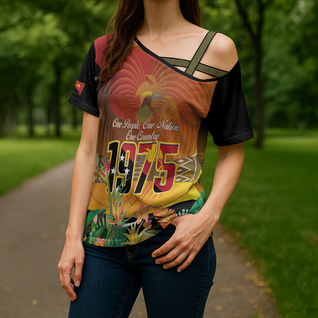 Personalised Papua New Guinea Independence Day Cross Shoulder Shirt One People One Nation One Country LT14 - Polynesian Pride