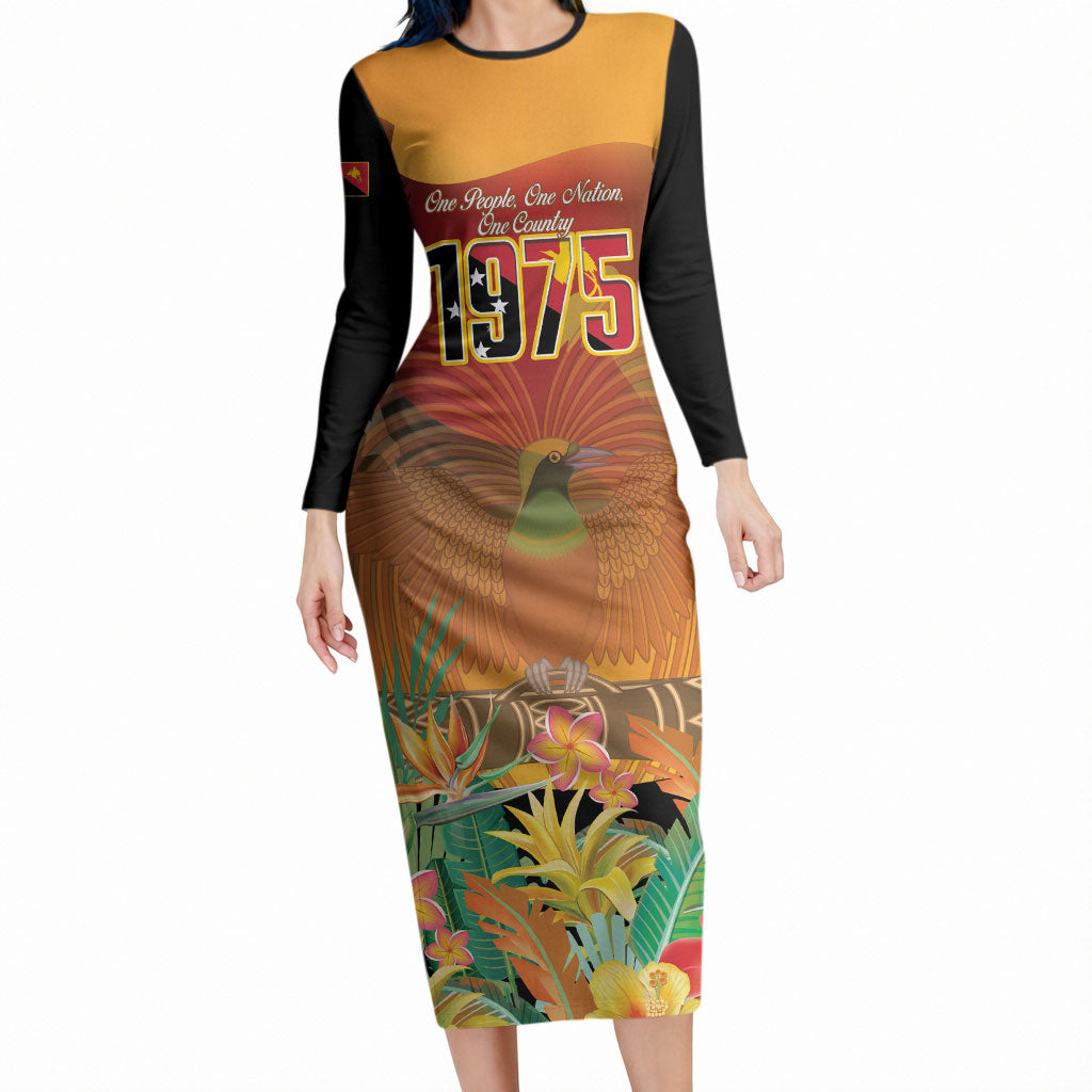 Personalised Papua New Guinea Independence Day Long Sleeve Bodycon Dress One People One Nation One Country LT14 Long Dress Multicolor - Polynesian Pride