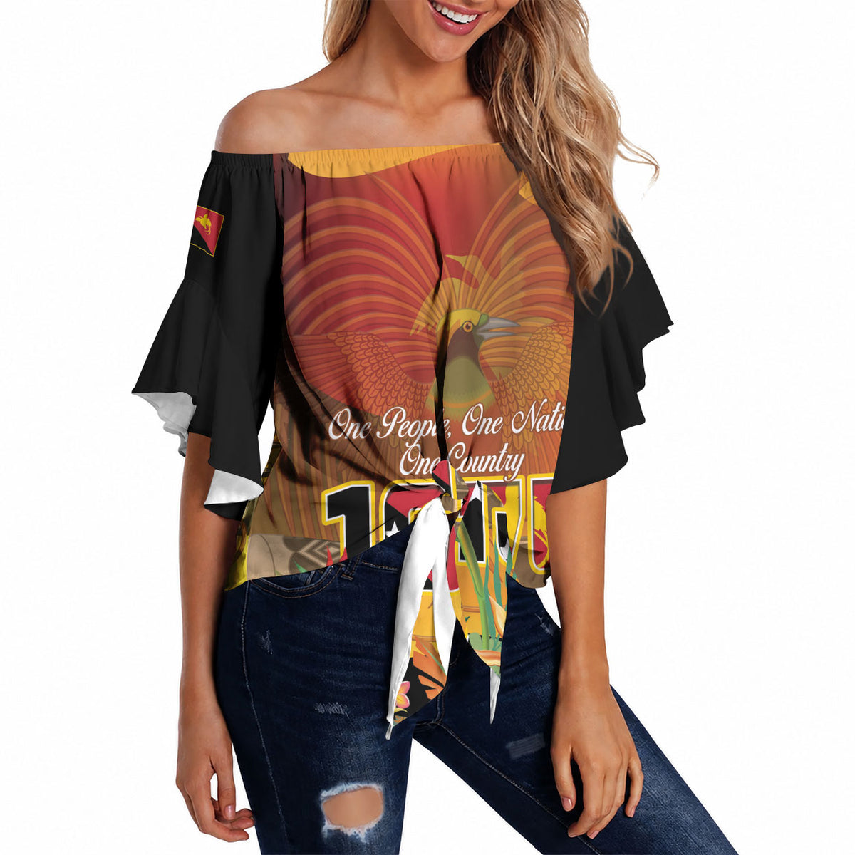 Personalised Papua New Guinea Independence Day Off Shoulder Wrap Waist Top One People One Nation One Country LT14 - Polynesian Pride