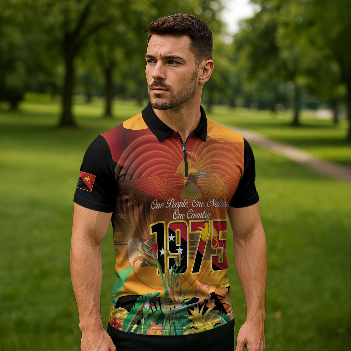 Personalised Papua New Guinea Independence Day Zipper Polo Shirt One People One Nation One Country LT14 - Polynesian Pride