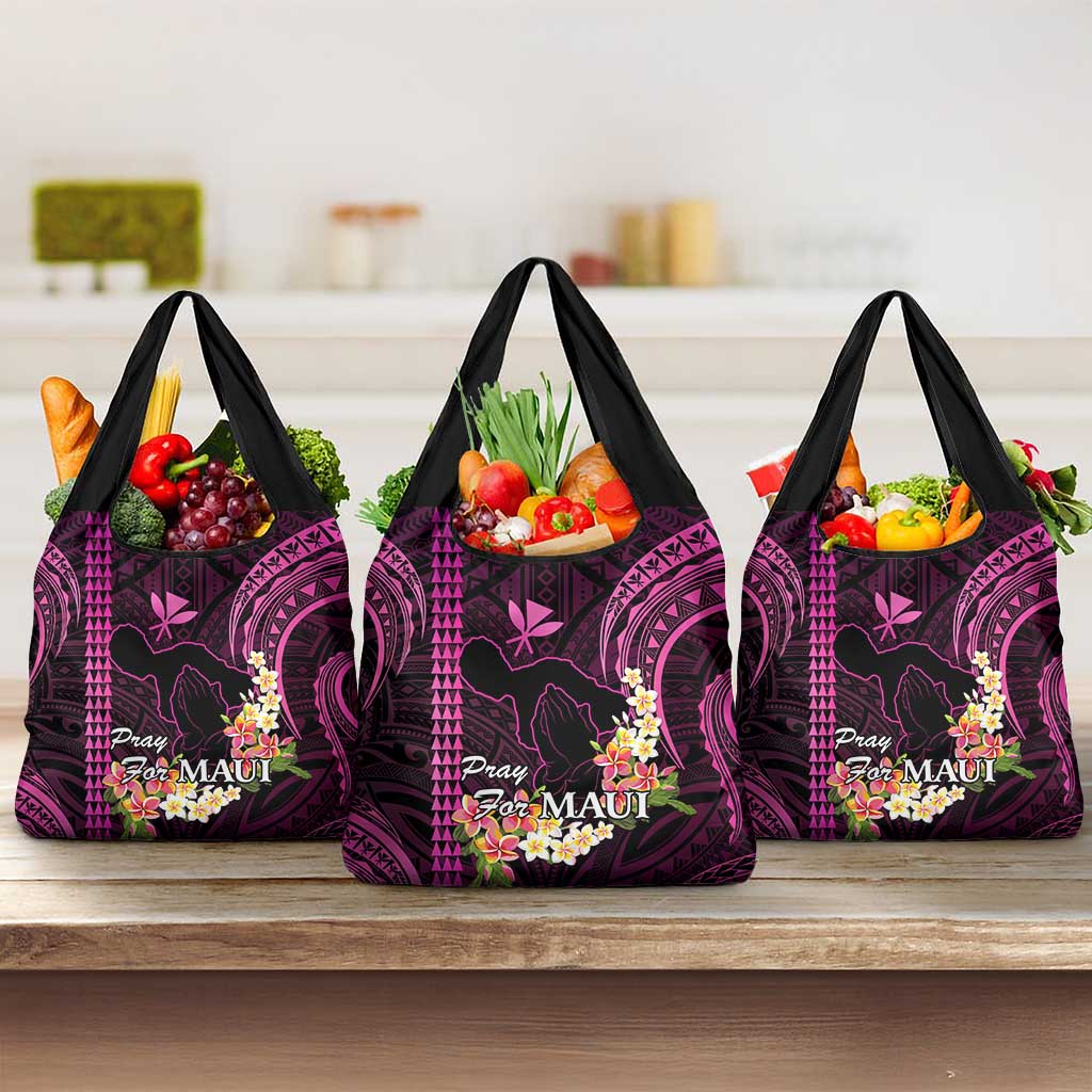 Pink Hawaii Grocery Bag Pray For Maui Hawaiian Plumeria Be Strong LT14 3-pack One Size Pink - Polynesian Pride