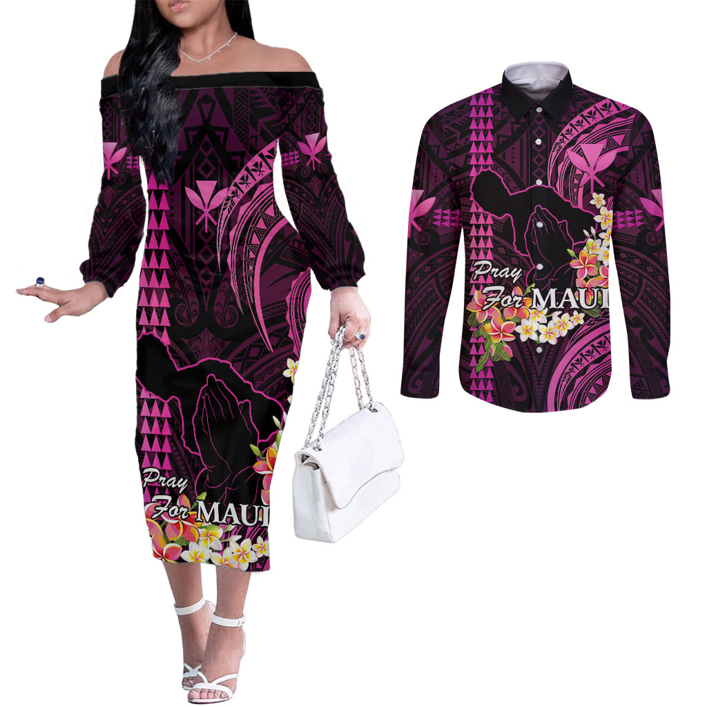 Personalised Hawaii Couples Matching Off The Shoulder Long Sleeve Dress and Long Sleeve Button Shirts Pray For Maui Hawaiian Plumeria Be Strong Pink Verison LT14 Pink - Polynesian Pride
