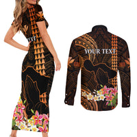 Personalised Hawaii Couples Matching Short Sleeve Bodycon Dress and Long Sleeve Button Shirts Pray For Maui Hawaiian Plumeria Be Strong Gold Verison LT14 - Polynesian Pride