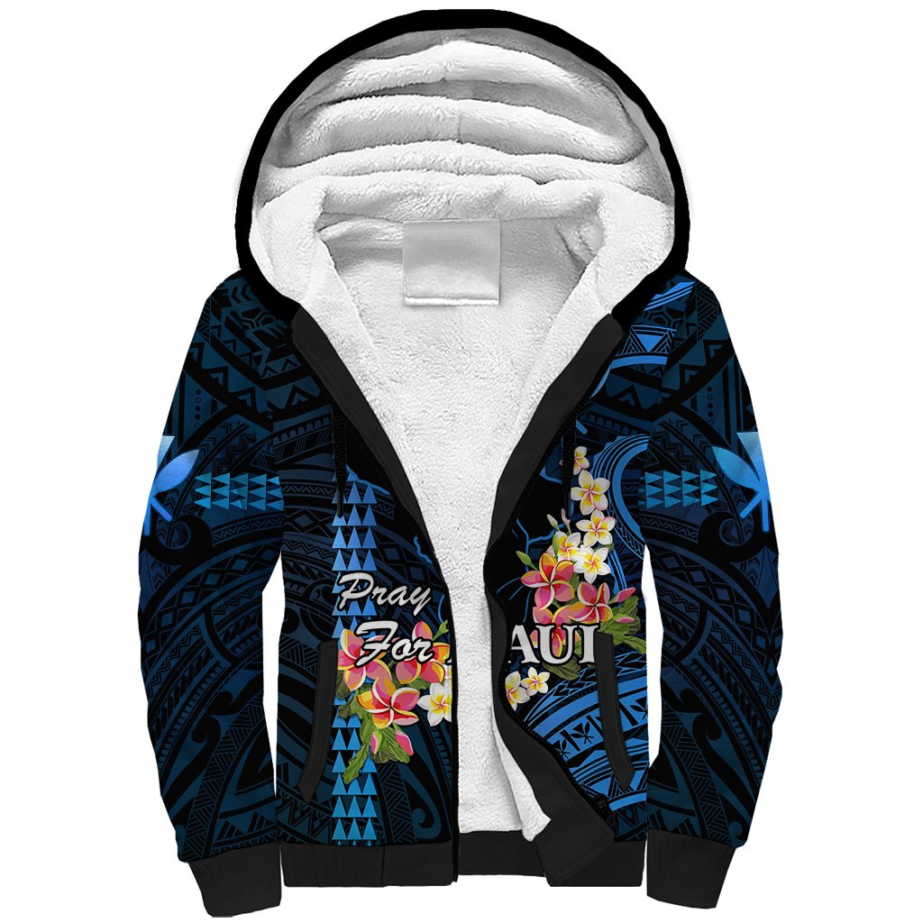 Personalised Hawaii Sherpa Hoodie Pray For Maui Hawaiian Plumeria Be Strong Blue Verison LT14 Unisex Blue - Polynesian Pride