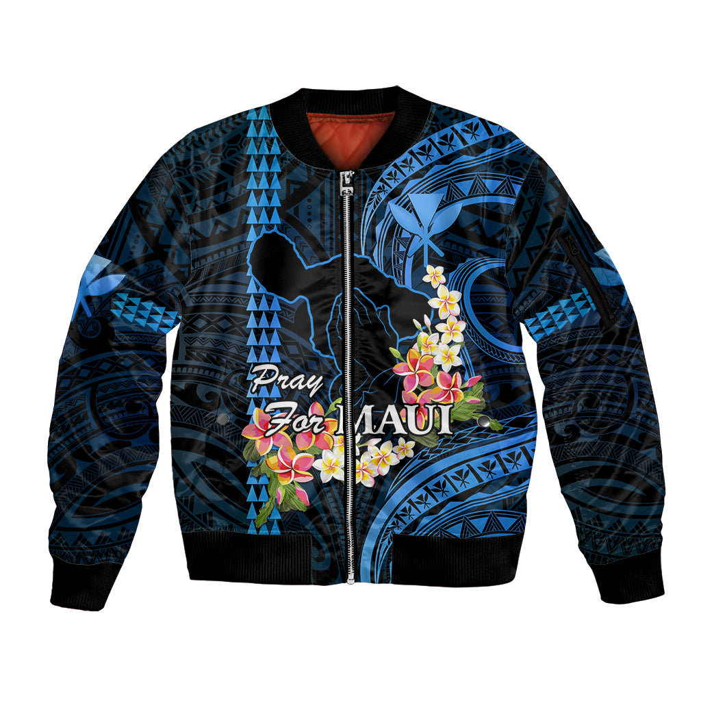 Personalised Hawaii Sleeve Zip Bomber Jacket Pray For Maui Hawaiian Plumeria Be Strong Blue Verison LT14 Unisex Blue - Polynesian Pride