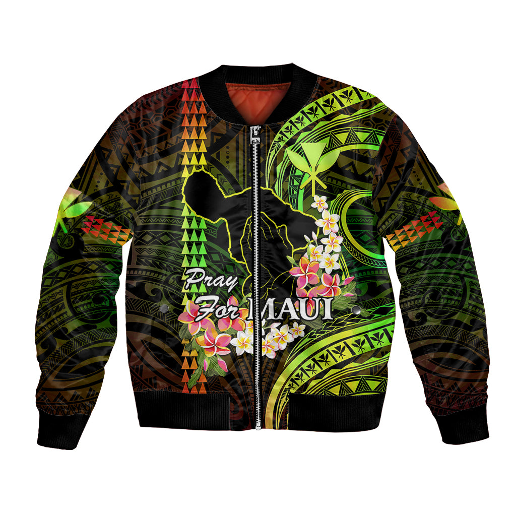 Personalised Hawaii Bomber Jacket Pray For Maui Hawaiian Plumeria Be Strong Reggae Verison LT14 Unisex Reggae - Polynesian Pride