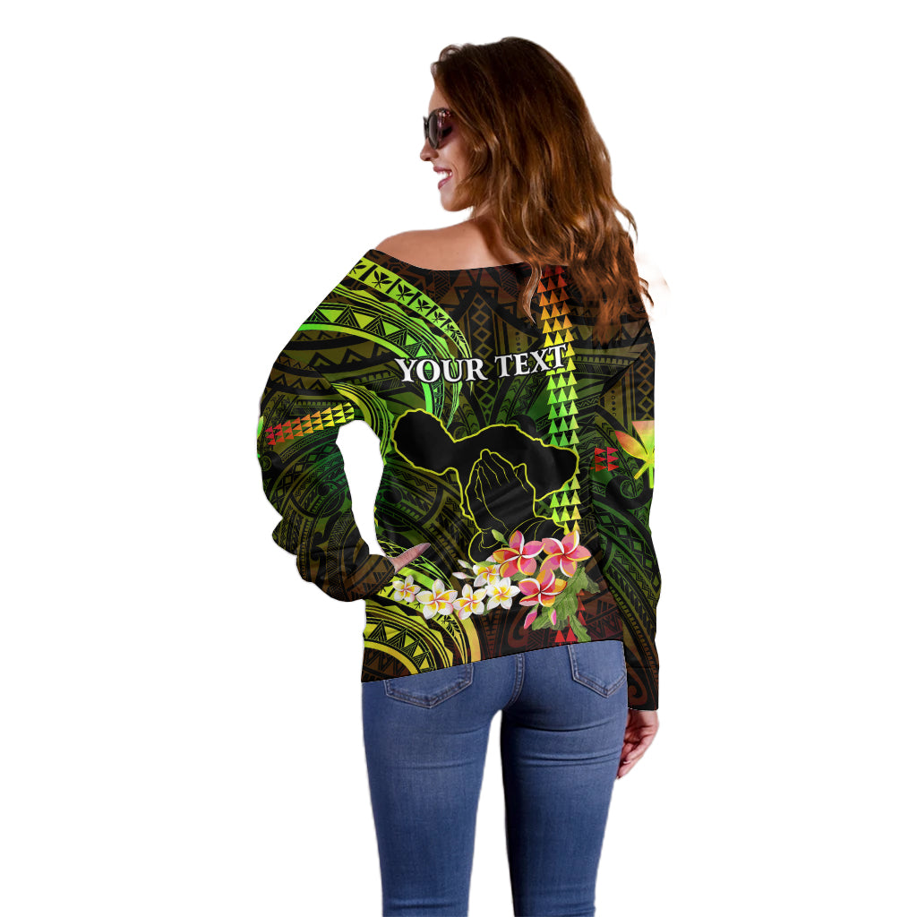 Personalised Hawaii Off Shoulder Sweater Pray For Maui Hawaiian Plumeria Be Strong Reggae Verison LT14 - Polynesian Pride