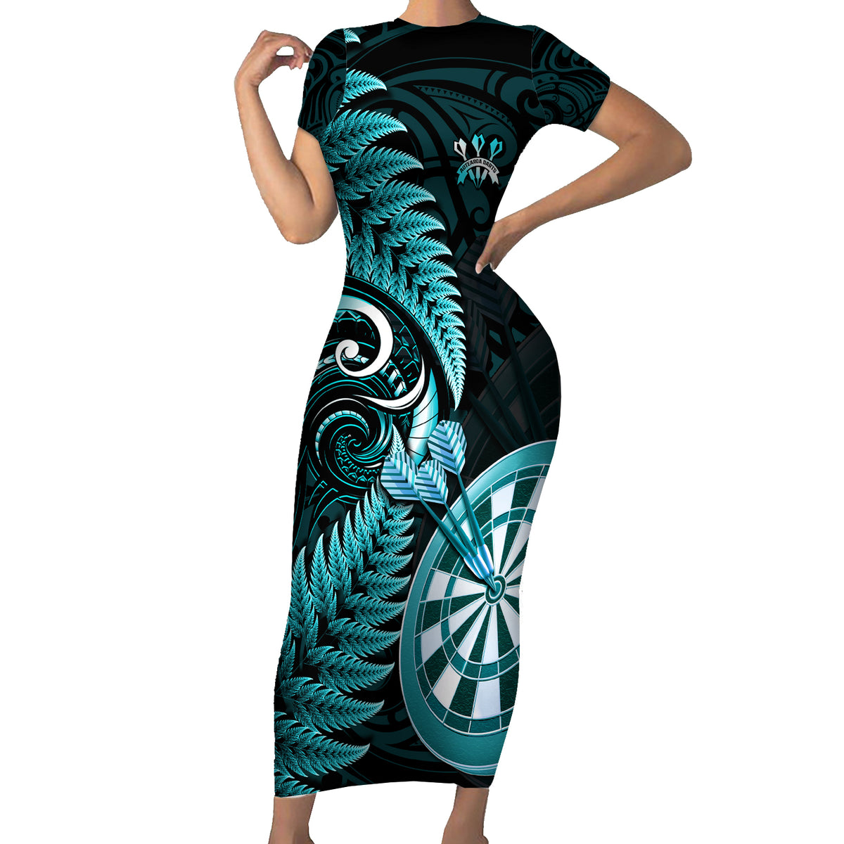 New Zealand Darts Short Sleeve Bodycon Dress Happiness Is A Tight Threesome Maori Turquoise LT14 Long Dress Turquoise - Polynesian Pride