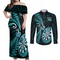 Personalised New Zealand Darts Couples Matching Off Shoulder Maxi Dress and Long Sleeve Button Shirts Happiness Is A Tight Threesome Maori Turquoise LT14 Turquoise - Polynesian Pride