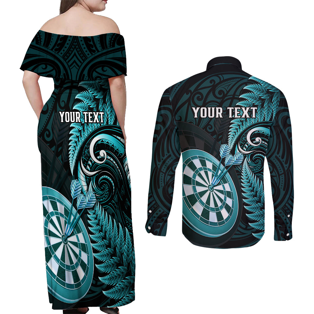 Personalised New Zealand Darts Couples Matching Off Shoulder Maxi Dress and Long Sleeve Button Shirts Happiness Is A Tight Threesome Maori Turquoise LT14 - Polynesian Pride