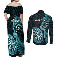 Personalised New Zealand Darts Couples Matching Off Shoulder Maxi Dress and Long Sleeve Button Shirts Happiness Is A Tight Threesome Maori Turquoise LT14 - Polynesian Pride