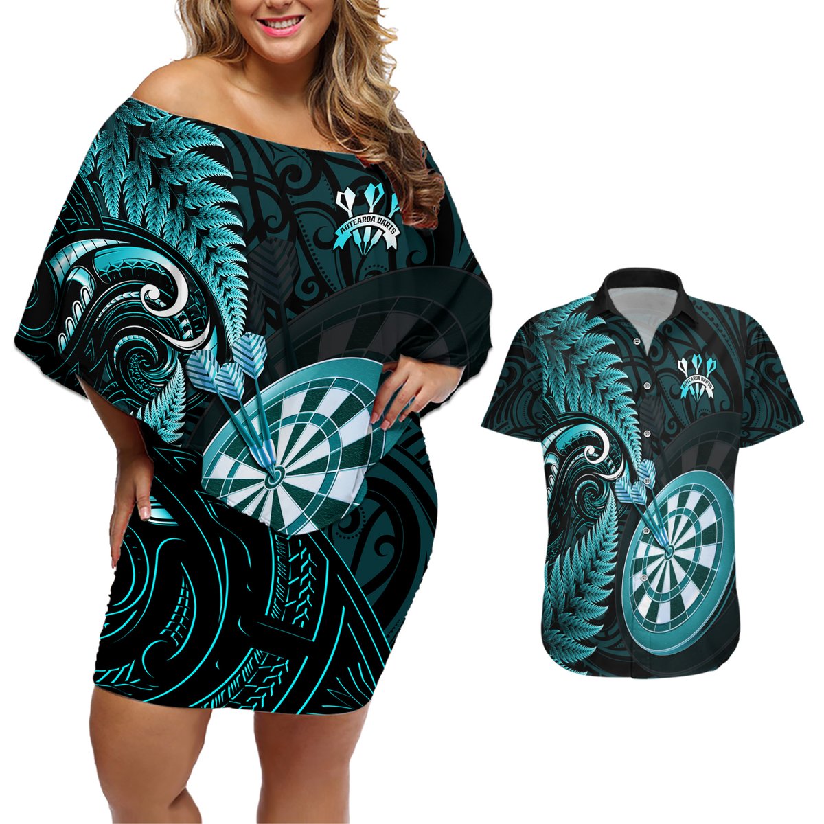 Personalised New Zealand Darts Couples Matching Off Shoulder Short Dress and Hawaiian Shirt Happiness Is A Tight Threesome Maori Turquoise LT14 Turquoise - Polynesian Pride