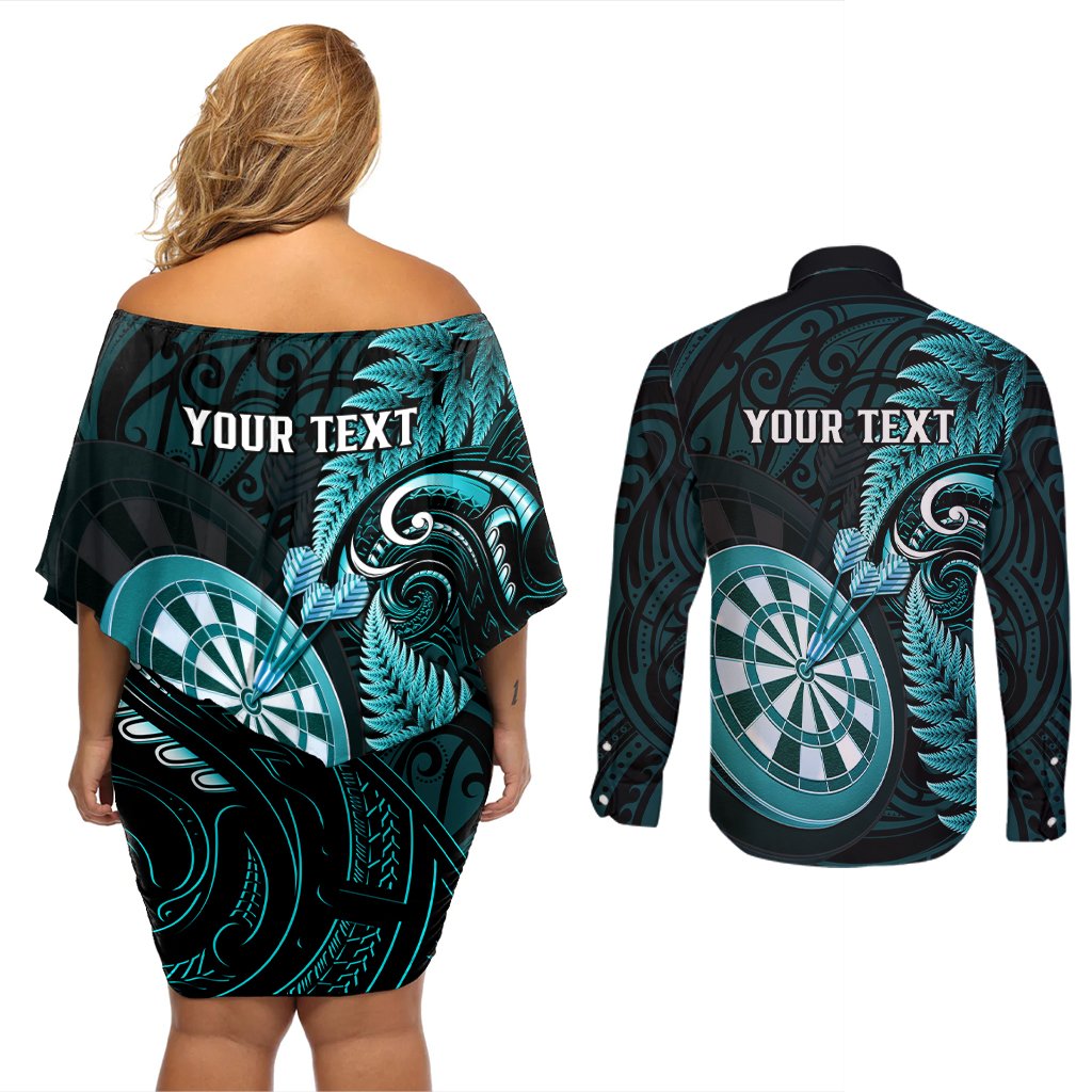 Personalised New Zealand Darts Couples Matching Off Shoulder Short Dress and Long Sleeve Button Shirts Happiness Is A Tight Threesome Maori Turquoise LT14 - Polynesian Pride