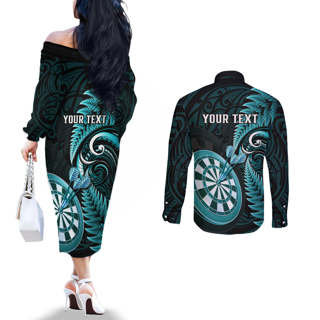 Personalised New Zealand Darts Couples Matching Off The Shoulder Long Sleeve Dress and Long Sleeve Button Shirts Happiness Is A Tight Threesome Maori Turquoise LT14 - Polynesian Pride