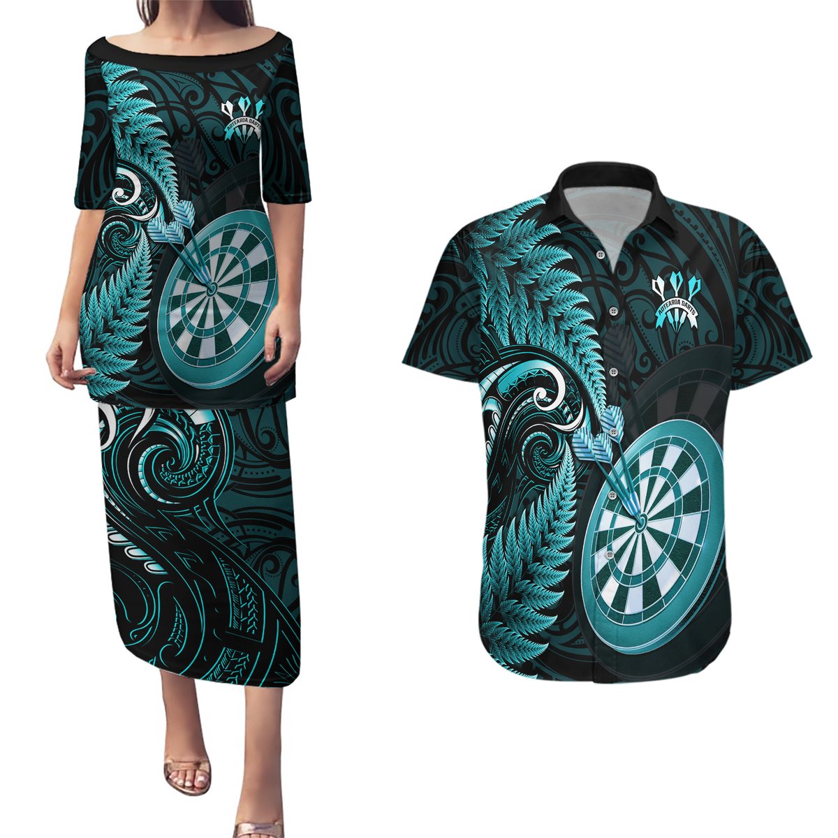Personalised New Zealand Darts Couples Matching Puletasi Dress and Hawaiian Shirt Happiness Is A Tight Threesome Maori Turquoise LT14 Turquoise - Polynesian Pride