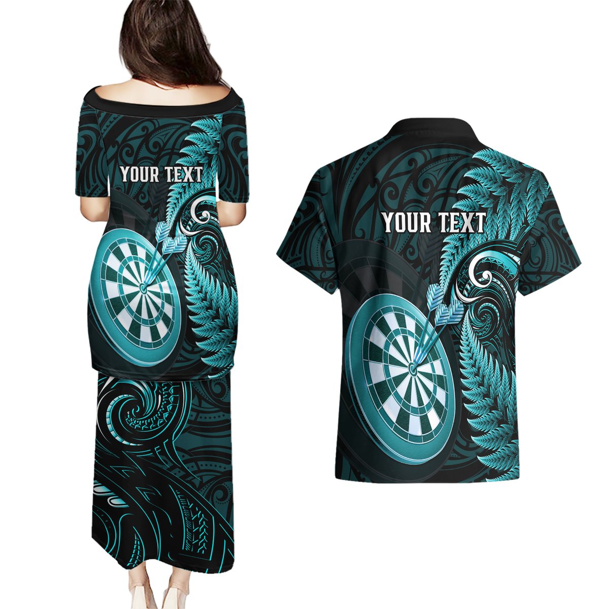 Personalised New Zealand Darts Couples Matching Puletasi Dress and Hawaiian Shirt Happiness Is A Tight Threesome Maori Turquoise LT14 - Polynesian Pride