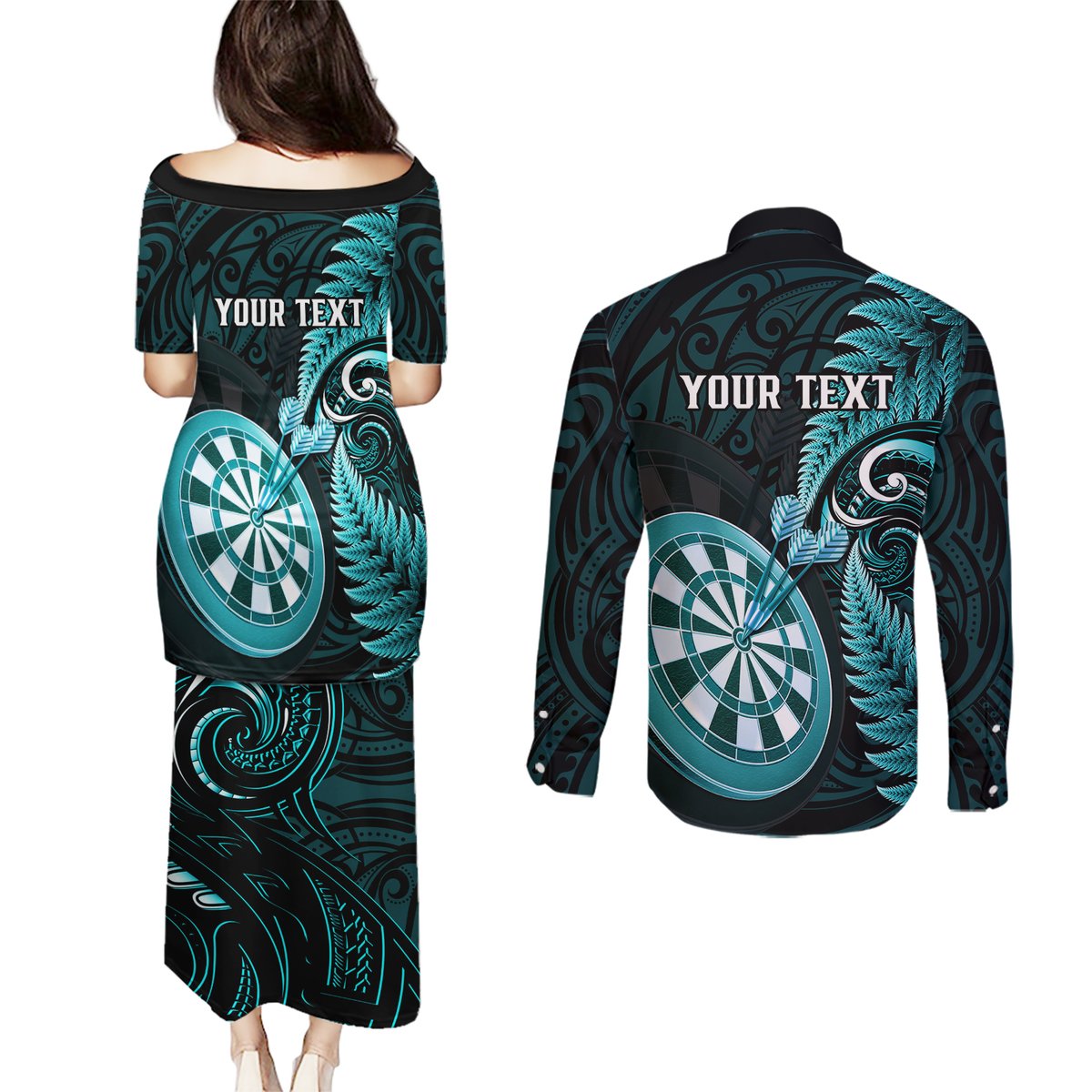 Personalised New Zealand Darts Couples Matching Puletasi Dress and Long Sleeve Button Shirts Happiness Is A Tight Threesome Maori Turquoise LT14 - Polynesian Pride