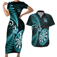 Personalised New Zealand Darts Couples Matching Short Sleeve Bodycon Dress and Hawaiian Shirt Happiness Is A Tight Threesome Maori Turquoise LT14 Turquoise - Polynesian Pride