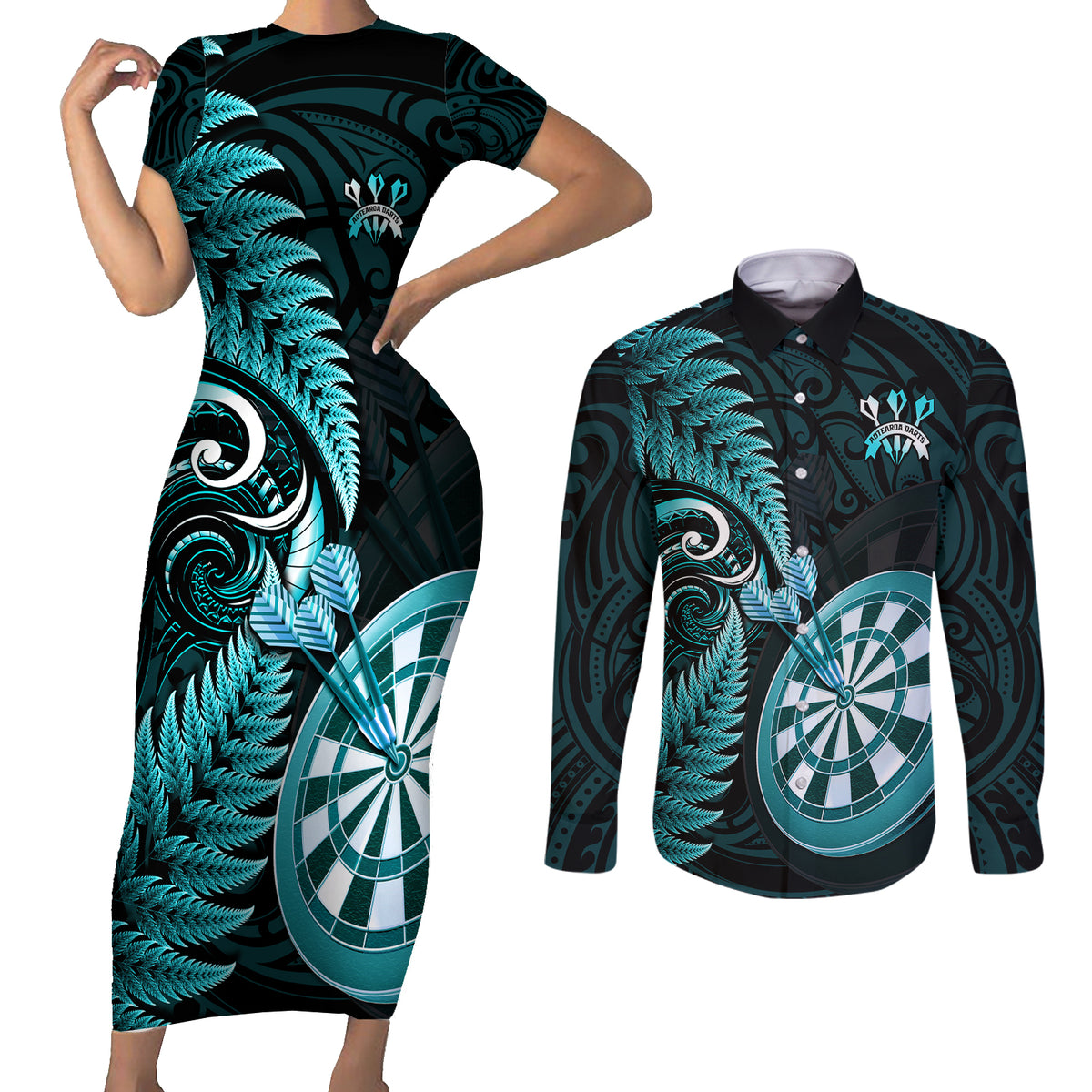 Personalised New Zealand Darts Couples Matching Short Sleeve Bodycon Dress and Long Sleeve Button Shirts Happiness Is A Tight Threesome Maori Turquoise LT14 Turquoise - Polynesian Pride