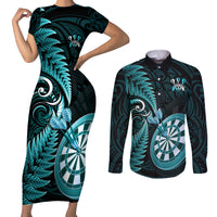 Personalised New Zealand Darts Couples Matching Short Sleeve Bodycon Dress and Long Sleeve Button Shirts Happiness Is A Tight Threesome Maori Turquoise LT14 Turquoise - Polynesian Pride