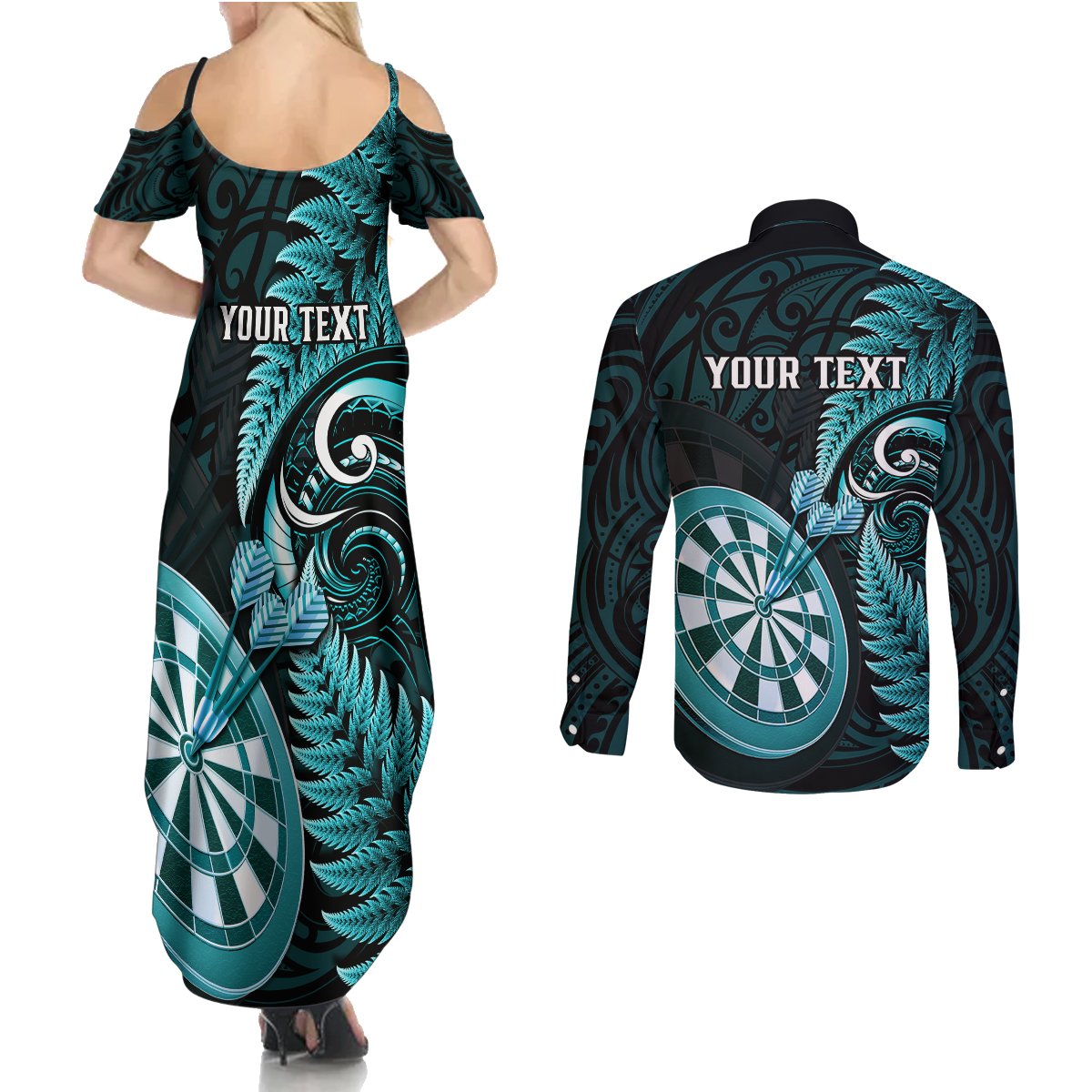 Personalised New Zealand Darts Couples Matching Summer Maxi Dress and Long Sleeve Button Shirts Happiness Is A Tight Threesome Maori Turquoise LT14 - Polynesian Pride