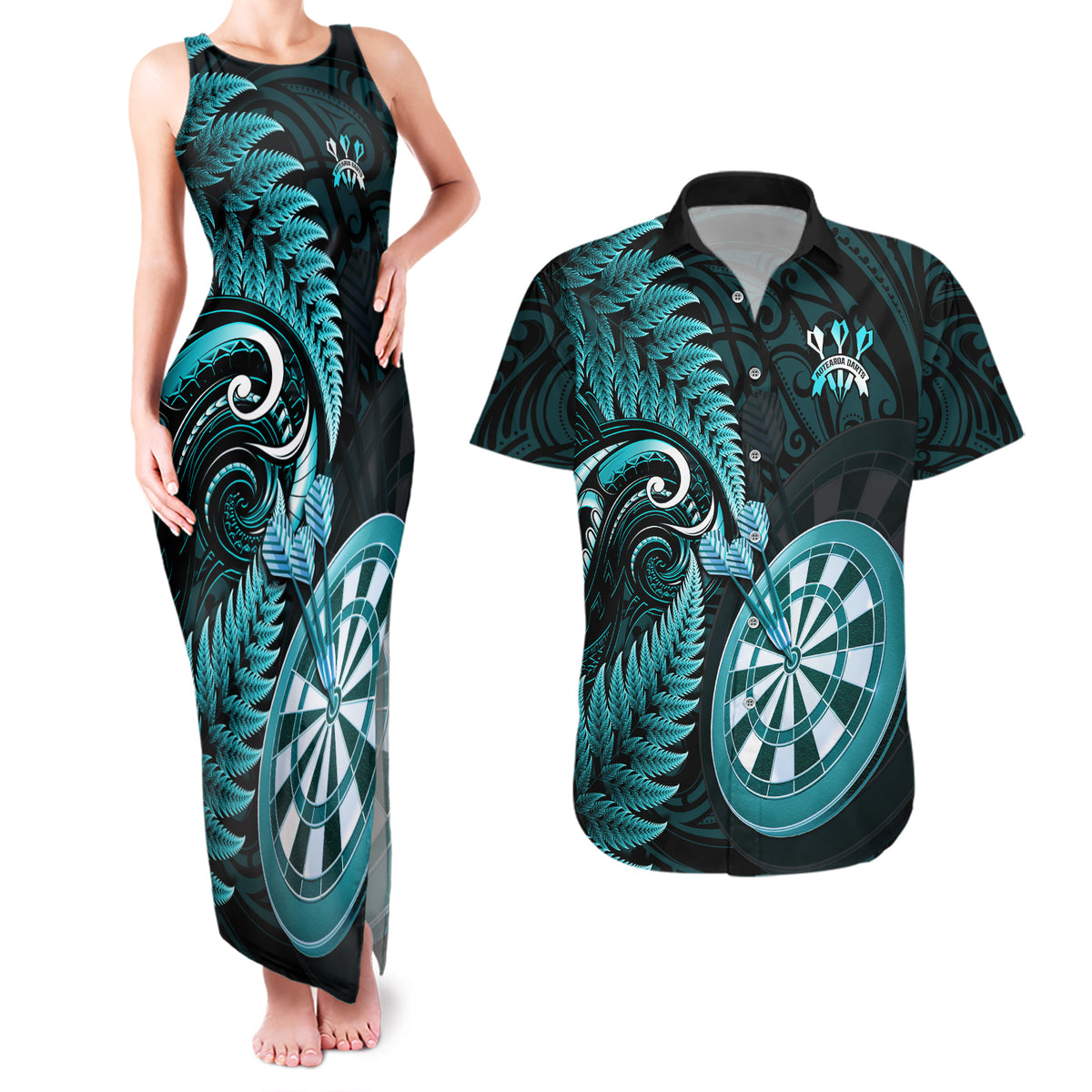 Personalised New Zealand Darts Couples Matching Tank Maxi Dress and Hawaiian Shirt Happiness Is A Tight Threesome Maori Turquoise LT14 Turquoise - Polynesian Pride
